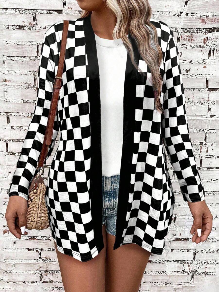 EMERY ROSE Plus Size Plaid Jacket, Minimalist & Fashionable, Suitable For Spring & Autumn Fall Winter Cloth For Women - Black and White - View 1