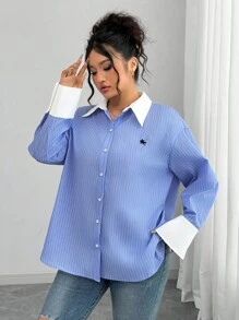 Elenzga Blouse à manches longues rayée avec broderie et couleur contrastée, style décontracté, grande taille, pour femmes, printemps/automne - Bleu et Blanc - Voir 4