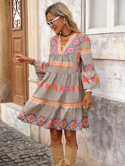 Brillora Women's V-Neck Ruffle Hem A-Line Print Vacation Dress,Women's Long-Sleeved Fall Dress,Homecoming Dress,Christmas Clothes,Teacher Outfits For Women ,Going Out Dress,Basic Dress,Puff Sleeve Dress, Boho Dress, Vacation Dress Women