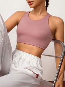 Hanevo Top corto sin espalda de yoga de unicolor simple - Rosa Pálido - Ver 4