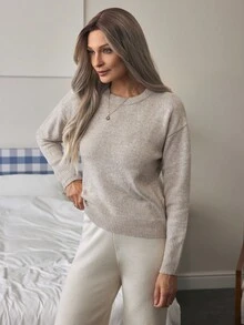 Louniche Solid Drop Shoulder Sweater,Long Sleeve Tops - Khaki - View 4