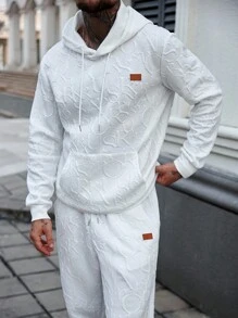 Manfinity Homme 男士休闲时尚街头连帽衫和运动裤套装，字母浮雕装饰，口袋，抽绳，春秋