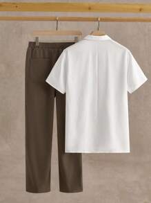 Manfinity NXTstreet 2pcs/Set Men's Casual Cuban Collar Short Sleeve Shirt & Pants Set, Beach Set, Cozy Outfits - Multicolor - View 2