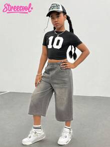 Girls' Cropped Knit Numeric Print Short Sleeve Top, Distressed Wash Wide Leg 5/7 Pants Jeans, Street Fashion Y2K Sporty Campus Style Set - Multicolor - View 7