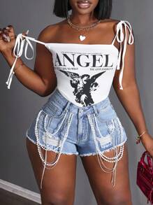 Slaydiva Plus Size Women Ripped Loose Denim Shorts With Pockets, Frayed Hem & Pearl Chain Decor, Casual - Blue - View 5