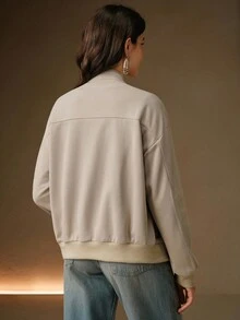 Anewsta Women's Autumn/Winter Modern Light Khaki Knit Embroidered Loose Casual Jacket - Khaki - View 5