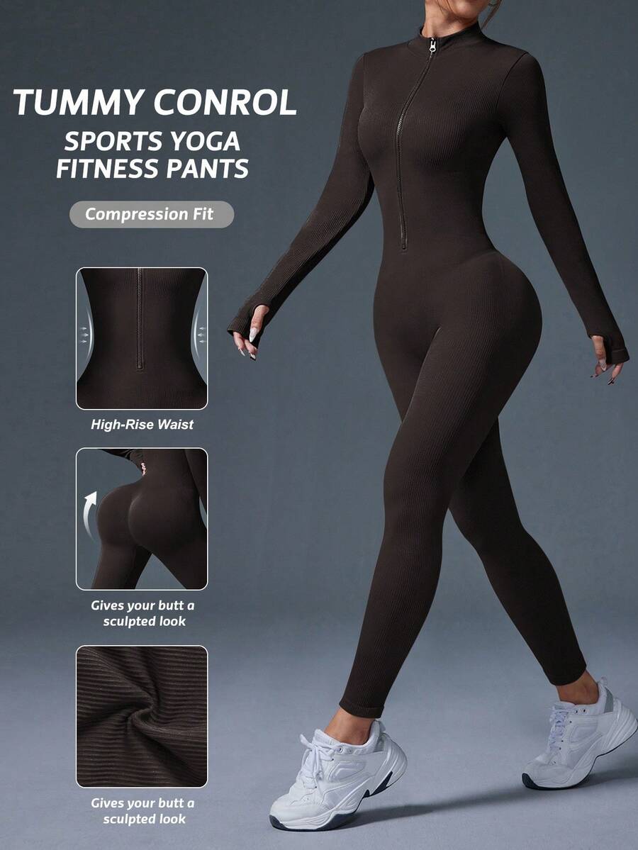 Easithlete Women's Solid Color Regular-Shoulder Fitted Lifting Ribbed Zipper Long Sleeve Jumpsuit Compression Jumpsuit Shaping Seamless Workout Jumpsuits Compression Bodysuit Women Tummy Control Jump Suit Seamless Yoga Jumpsuit - Mocha Brown - View 1