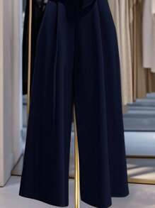 Franclia Jumpsuit Wanita Lengan Pendek Berlipit Elegan Warna Polos Kasual untuk Kuliah - Navy Blue - View 3