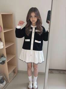 Elladie kids 小女孩黑白仿珍珠纽扣装饰白色下摆连衣裙，适合返校季