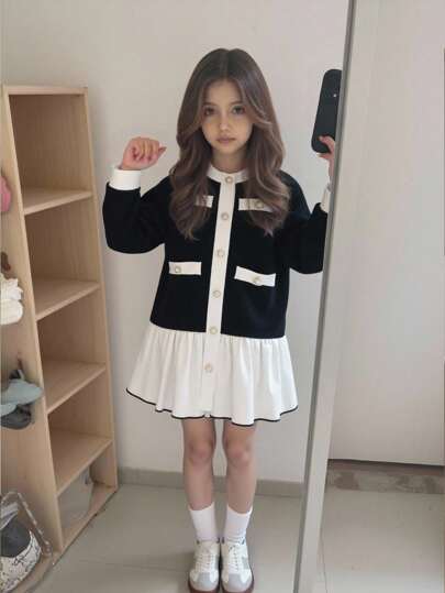 Elladie kids 小女孩黑白仿珍珠纽扣装饰白色下摆连衣裙，适合返校季