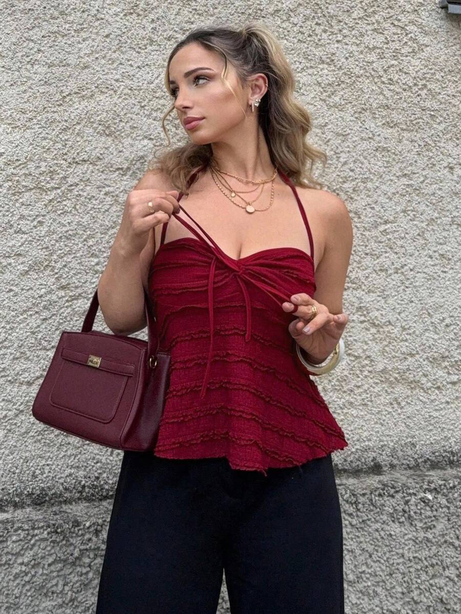 Jeta Ari Top de tirantes de cuello halter de unicolor con cordón frontal central para mujer - Burdeos - Ver 1
