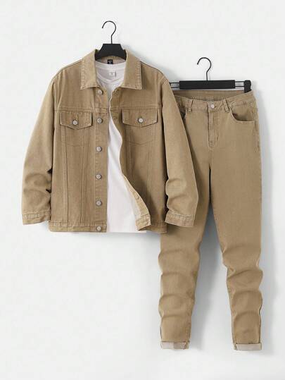 SHEIN Tonårsmode Casual Y2k Vintage Cool Street Återvänder till skolan College Tvådelat set med kakifärgad denim, löst slag, långärmad jacka och bekväma stretchiga skinny jeans för barnkläder, mjuka vardagskläder för pojkar, vinter- och höstkläder för barn, ravekläder för festival och hemmabruk, stretchkläder för skola, outfitset för pojkar, tonårspojkar