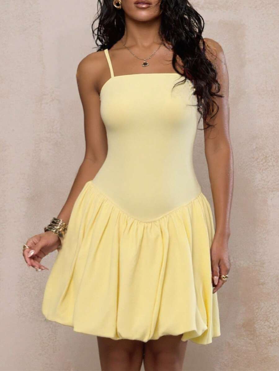 Chiquease 女士夏季可调节吊带修身低腰泡泡南瓜下摆黄色连衣裙 大学夏季连衣裙 - 黃色 - 查看 1