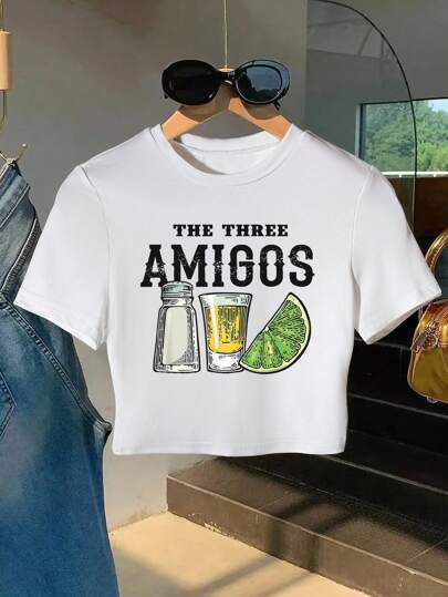 Mexico Trip Party Festival Graphic Print Solid Color Slim Fit Cropped Pullover T-Shirt, Casual & Fashionable