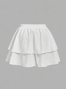 SHEIN MOD 加大码白色浪漫假日双层蛋糕荷叶边下摆裙，可爱休闲少女迷你裙白色分层裙。适合返校 - 白色 - 查看 2