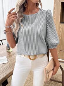 EMERY ROSE Áo sơ mi tay phồng sọc thường ngày cho kỳ nghỉ của phụ nữ Áo cánh sọc Áo tay phồng Áo sọc nữ Áo cánh tay đèn lồng Áo mùa hè có tay - Đen và trắng - Xem 3