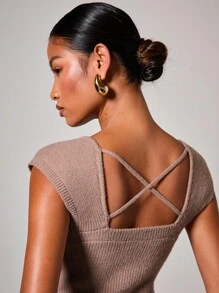 COSMINA Áo len nữ tay ngắn màu trơn, thiết kế cài nút, kiểu dáng thanh lịch, thích hợp cho mùa thu/đông. - Màu Khaki - Xem 2