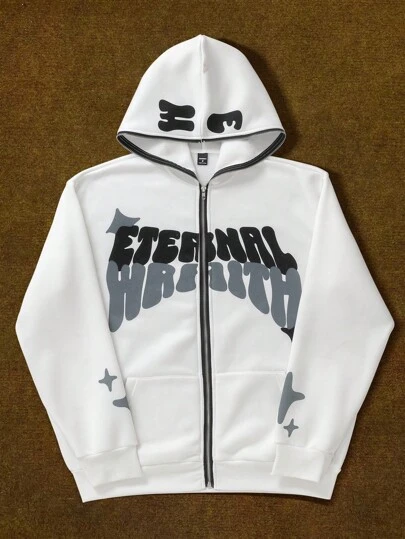 Manfinity EMRG 宽松男士字母印花连帽卫衣，带保暖内衬，适合秋冬季节，长袖上衣