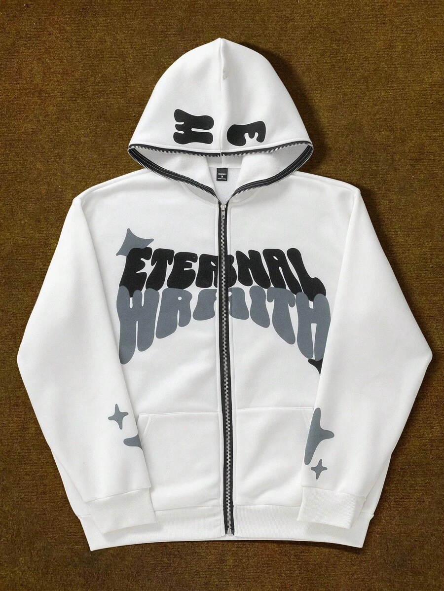 Manfinity EMRG 宽松男士字母印花连帽卫衣，带保暖内衬，适合秋冬季节，长袖上衣 - 白色 - 查看 1