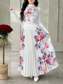 Feyla 女式优雅花卉印花长袖上衣和百褶裙两件套 - 白色 - 查看 5