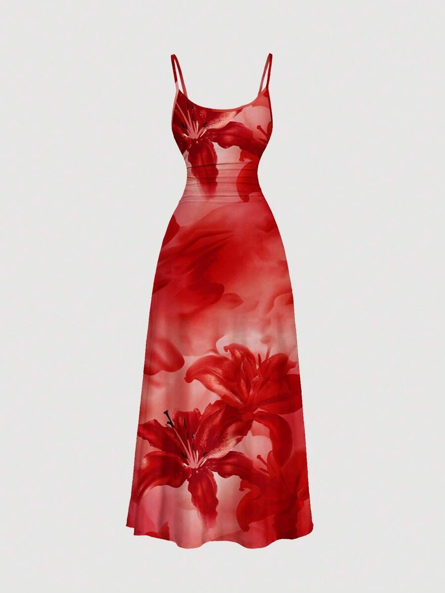 SHEIN MOD Casual Minimalist Vacation Style Red Lily Gradient Tie Dye Full Print Waist Ruched Flowy Dress Chic Dress - Multicolor - View 1