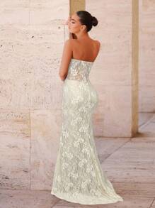 Glamrae Robe de sirène élégante et luxueuse en dentelle extensible, transparente et dos nu, plissée. Convient pour les mariages, les fêtes, les vacances, les galas et les événements formels (ornementation lourde) - Nude - Voir 2