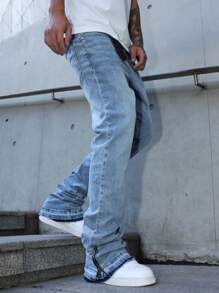 Manfinity EMRG 男士浅色水洗阔腿喇叭牛仔裤，拉链细节设计，适合休闲穿着 男士浅色水洗牛仔裤 - 淺色水洗藍 - 查看 7