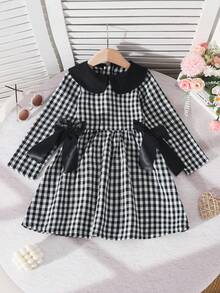 SHEIN Young Girl Contrast Color Peter Pan Collar Detachable Bow Decor Plaid A-Line Dress Fall Winter - Black - View 2