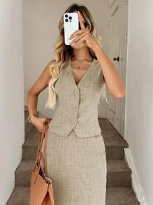 Easowa 夏季新款休闲蓝色背心+长裙两件套女装，适合日常休闲出游，休闲通勤，复古风 - 卡其色 - 查看 7