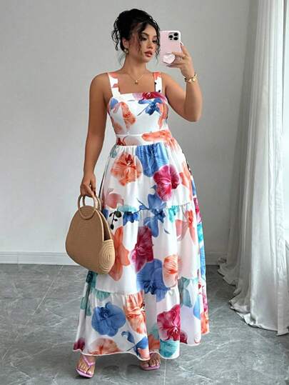 Elenzga Vestido casual sin mangas con estampado floral y cintura ceñida para mujeres de talla grande, ideal para vacaciones y uso diario