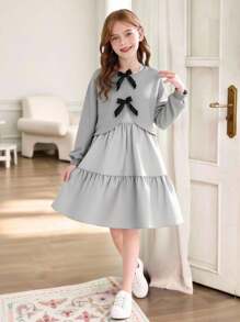 青少年女孩蝴蝶结装饰长袖夹克和连衣裙套装