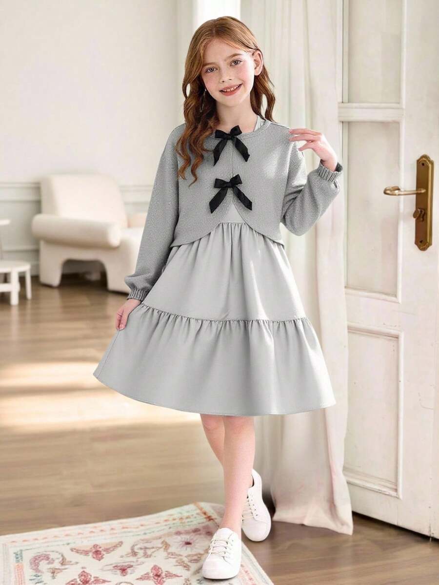 青少年女孩蝴蝶结装饰长袖夹克和连衣裙套装