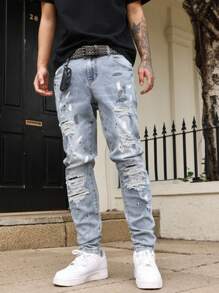 Manfinity LEGND 男士口袋破洞休闲百搭牛仔裤男士街头潮流牛仔裤外出聚会度假街头