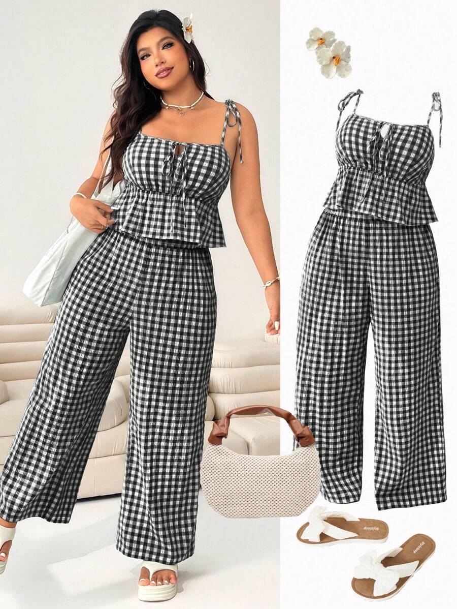 SHEIN EZwear 2pcs/Set Plus Size Women Plaid Ruffle Hem Camisole Top And ...