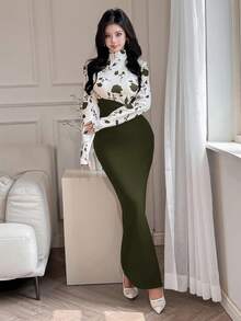 Feyla 优雅修身女式长裙，简约时尚，适合日常休闲穿着的长款晚礼服 - 軍綠色 - 查看 5