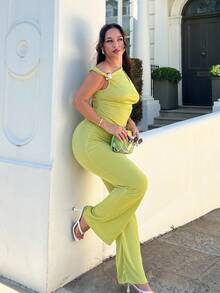 NegzBox 1 Set Women Metal Decor Asymmetric Bodycon Flare Sleeve Top And Skirt,Summer Sets - Green - View 4