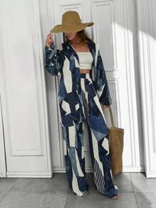 LONG SLEEVE KIMONO & ELASTICAL WAISTED ALL OVER PRINTED CO-ORD SET - Multicolor - View 5