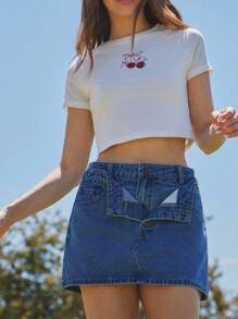 WESTFADE Double Layer Foldover Waist 91% Cotton Denim Mini Skirt Back To School Cute Fall - Medium Wash - View 4