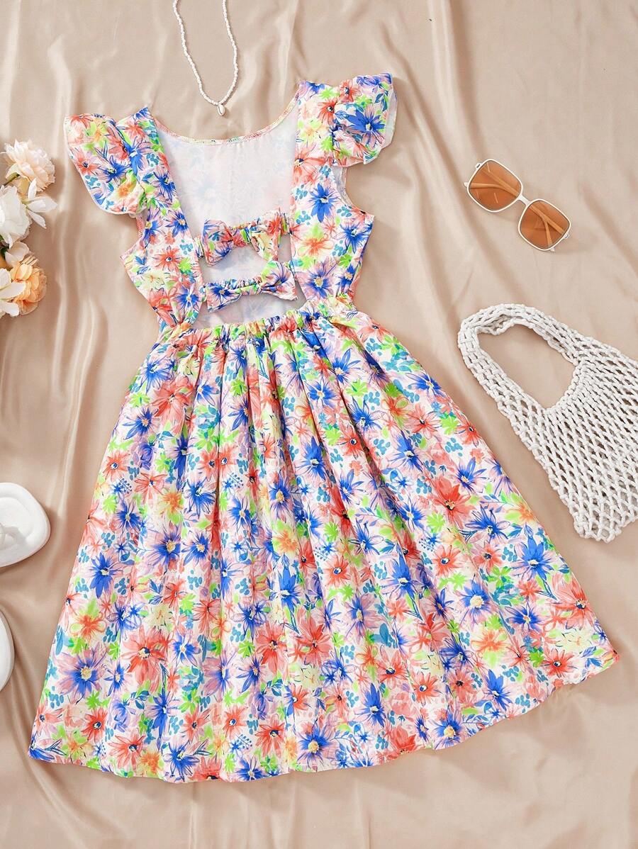 SHEIN Vestido con diseño de lazo sin espalda, mangas de casquillo y cintura ceñida con estampado floral para niñas preadolescentes - Naranja - Ver 1