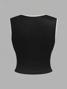 SHEIN SXY 性感露脐无袖上衣，数字印花，街头风，春夏款 - 黑色 - 查看 2
