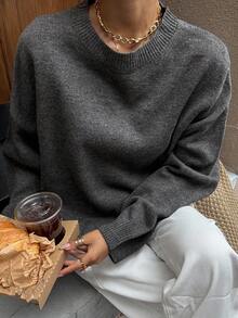 DAZY Casual Style Women's Loose Fit Gray Crew Neck Sweater, Suitable For Winter & Halloween Fall - Grey - View 6