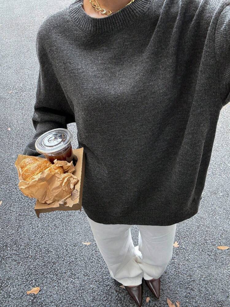 Casual Style Women's Loose Fit Gray Crew Neck Sweater, Suitable For Winter & Halloween Fall