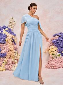 SHEIN Belle 优雅浪漫雪纺不对称露肩褶饰垂袖高开衩 A 字下摆连衣裙，适合婚礼、派对、约会、伴娘 - 淺藍色 - 查看 3