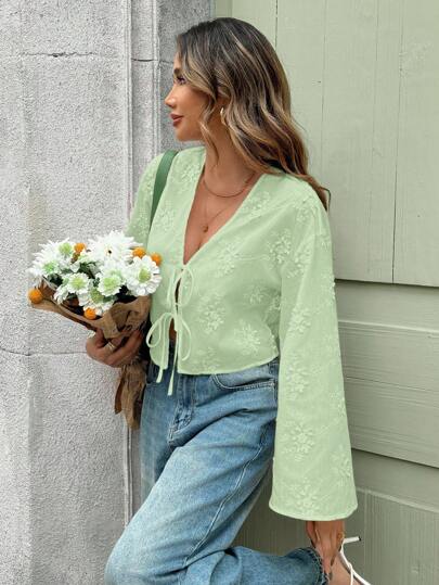 SHEIN Clasi Women's Solid Color Three-Dimensional Embroidery Front Tie Casual Summer Shirt