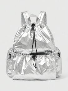 ROMWE Kawaii 抽绳背包，大容量，实用学生背包，适合返校、商务旅行、旅行、日常通勤 - 銀色 - 查看 1