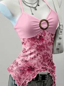 SHEIN EZwear 休闲简约粉色花卉图案可爱性感女式背心，适合夏季 - 粉色 - 查看 5