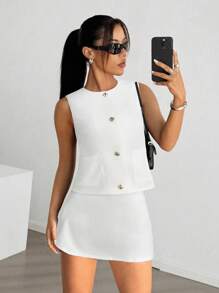 SHEIN EZwear 女士白色单排扣背心和裙子休闲两件套 - 白色 - 查看 5