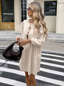 SHEIN Frenchy Women's Lace-Up Long Sleeve Mini Dress,Peach Pink,Autumn,Elegant,Tea Party,Casual Solid Color Fall Clothes,Wedding Guest,Date Night,Business Outfit - Apricot - View 4