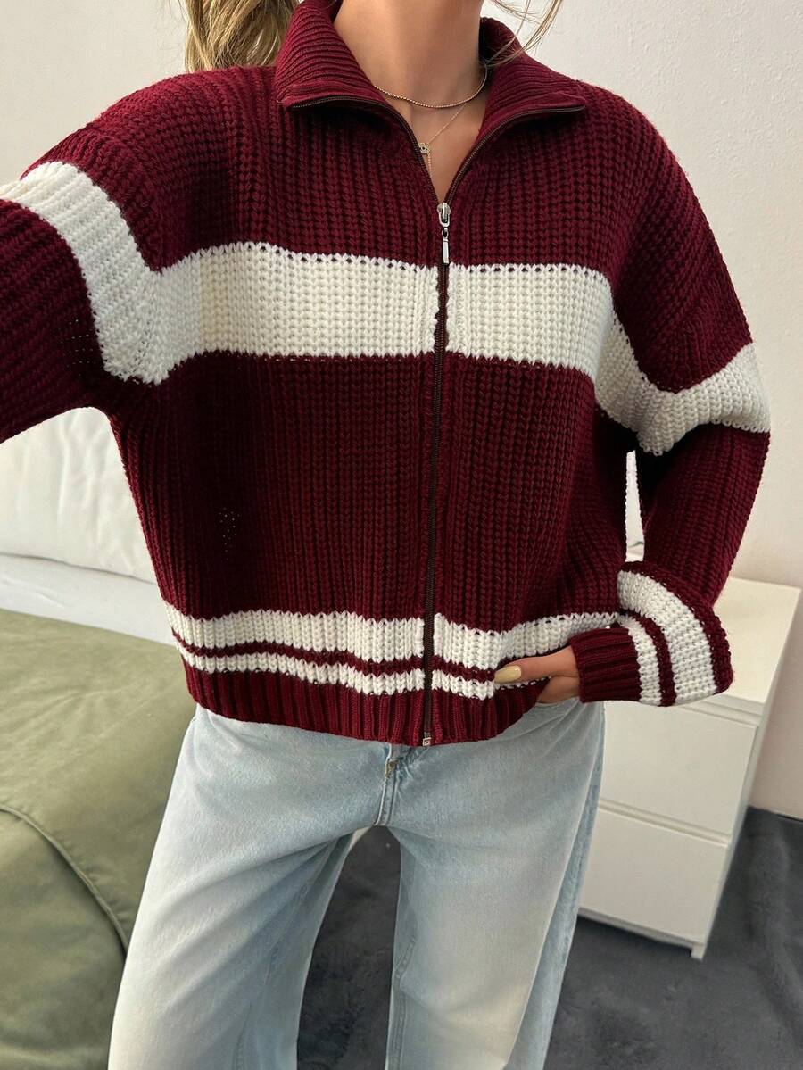 EURMUSE Women Stripe Pattern Rib Knit Zipper Detailed Drop Shoulder Cardigan,Long Cardigans Woman,Petite Cardigans,Cardigans - Burgundy - View 1