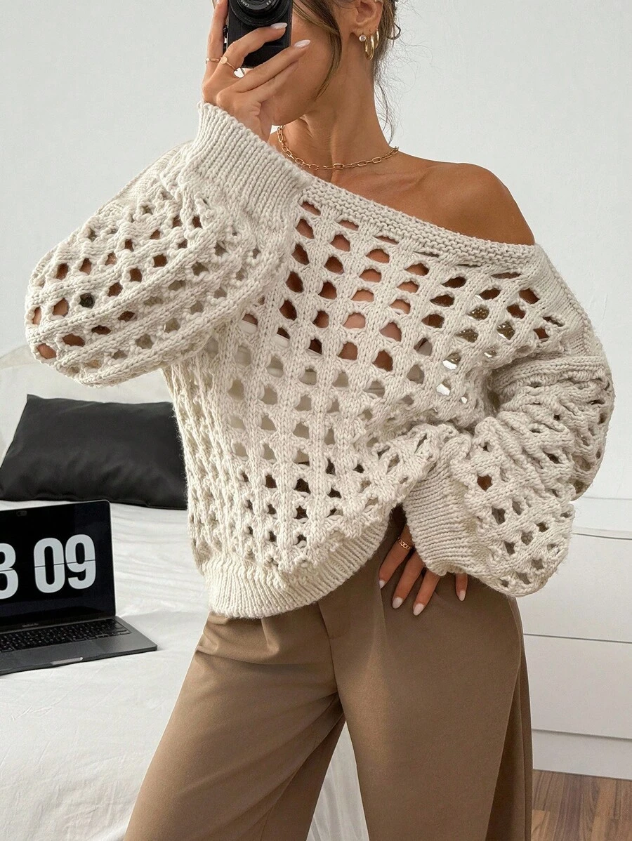 EURMUSE Chunky Hand-Knitted Open-Weave Pullover Sweater In Apricot ...